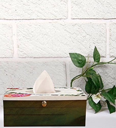 Handpainted Rectangular Floral Classics Wooden Tissue Box Holder - Decorative, White, Pink &amp; Green Floral By Klamod India