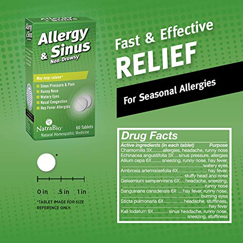 NatraBio Allergy & Sinus Homeopathic Formula | for Temporary Relief of Sinus Pressure & Pain, Congestion, Hay Fever Allergies | Non-Drowsy | 60 Tabs