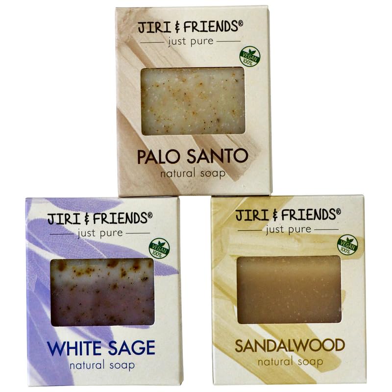 Jiri & Friends Pack of 3-100% Vegan Natural Soap Set - Palo Santo, White Sage and Sandalwood - Luxurious Aromatic Bathing - Handmade | Moisturizing | Cleansing Delight