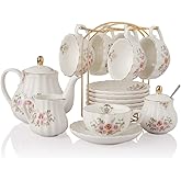 Porcelain Tea Sets British Royal Series, 8 OZ Cups & Saucer Service for 6, with Teapot Sugar Bowl Cream Pitcher Teaspoons and Tea Strainer, Suitable for High Tea, Wedding, Party(Rose Flower)