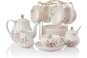 Porcelain Tea Sets British Royal Series, 8 OZ Cups & Saucer Service for 6, with Teapot Sugar Bowl Cream Pitcher Teaspoons and