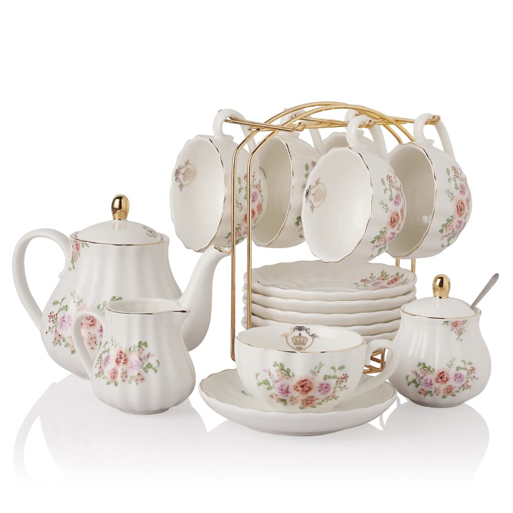 Photo 1 of Porcelain Tea Sets British Royal Series, 8 OZ Cups & Saucer Service for 6, with Teapot Sugar Bowl Cream Pitcher Teaspoons and Tea Strainer, Suitable for High Tea, Wedding, Party?Rose Flower?