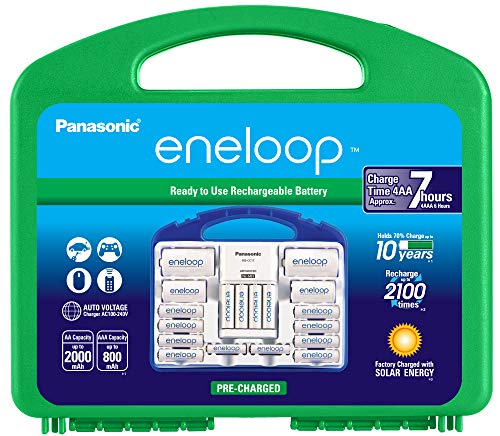 Panasonic K-KJ17MC124A eneloop Super Power Pack 12AA, 4AAA, 2 C Adapters, 2 D Adapters, Advanced Individual Battery Charger and Plastic Storage