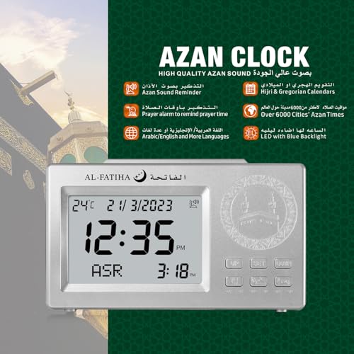 ACHAS Athan Table Clock, Azan Clock Prayer Alarm Table Clock,ساعة الأذان Prayer Digital Alarm Clock with Worldwide Times and Backligh (Silver)
