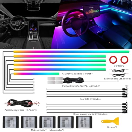 Acrylic Interior Lighting for Car, LED Strip, RGB 18 in 1 with 175 Inch 593 LEDs, Fiber Optic Strip Lights for Car, Dynamic Hunting Music, Sync, Neon Car Ambient Lighting Kits