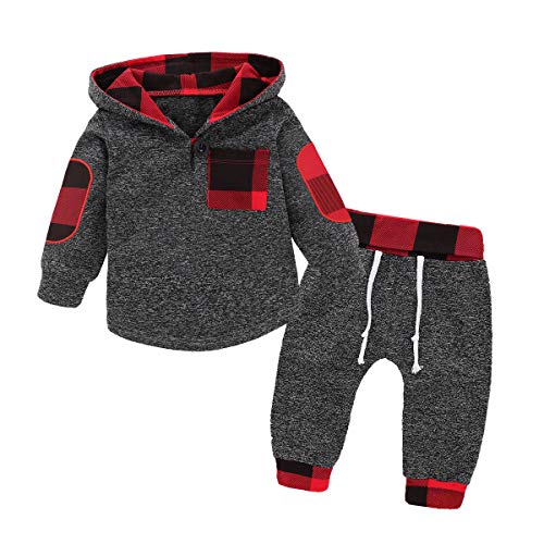 Christmas Toddler Baby Boy Girl Clothes Plaid Pocket Hoodie Sweatshirt+Pants Xmas Outfits Set (GreyRed/90)