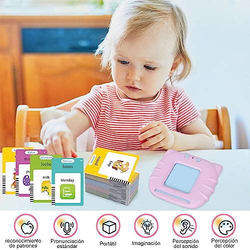 Juguetes de Aprendizaje con Tarjetas Flash Parlantes, Lectura Bilingüe en Español e Inglés, Máquina de Lectura de Juguetes Educativos con 510 Palabras, Juguetes Regalo de Cumpleaños para niños (Rosa)