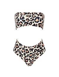 MOOSLOVER Traje de baño de cintura alta sin tirantes con estampado de leopardo para dama