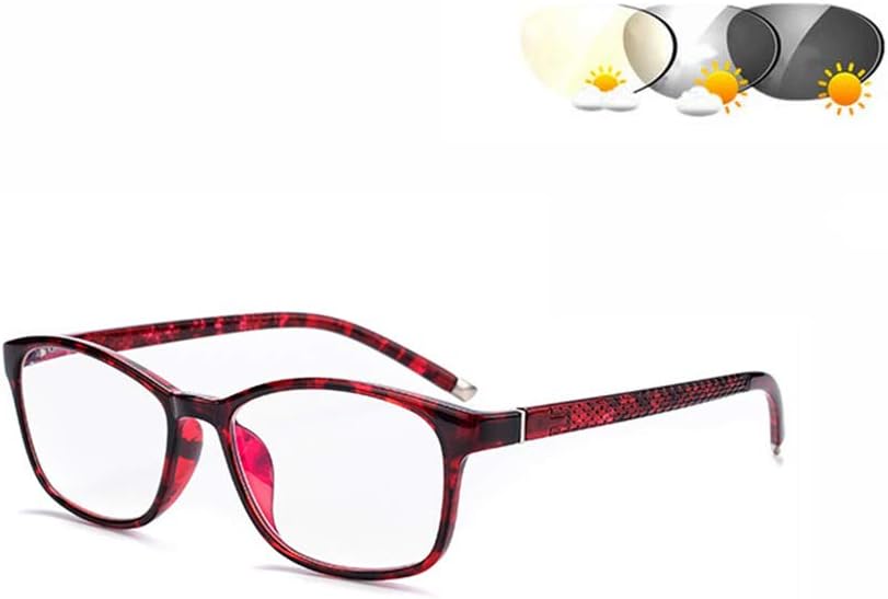 HQMGLASSES TR90 ultra-light Photochromism reading glasses, rectangular frame HD resin lens outdoor sunglasses/UV reader diopter +1.0 to +3.0,Red,+3.25