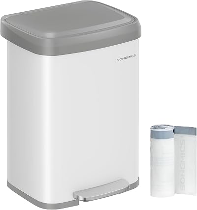 SONGMICS 50 L Kitchen Bin Metal Pedal Bin with Lid White Dove Grey LTB530W03