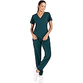 Minty Mint Women's Solid Stretch Medical Uniform Scrub Set V Neck Top Cargo Tapered Jogger Pants