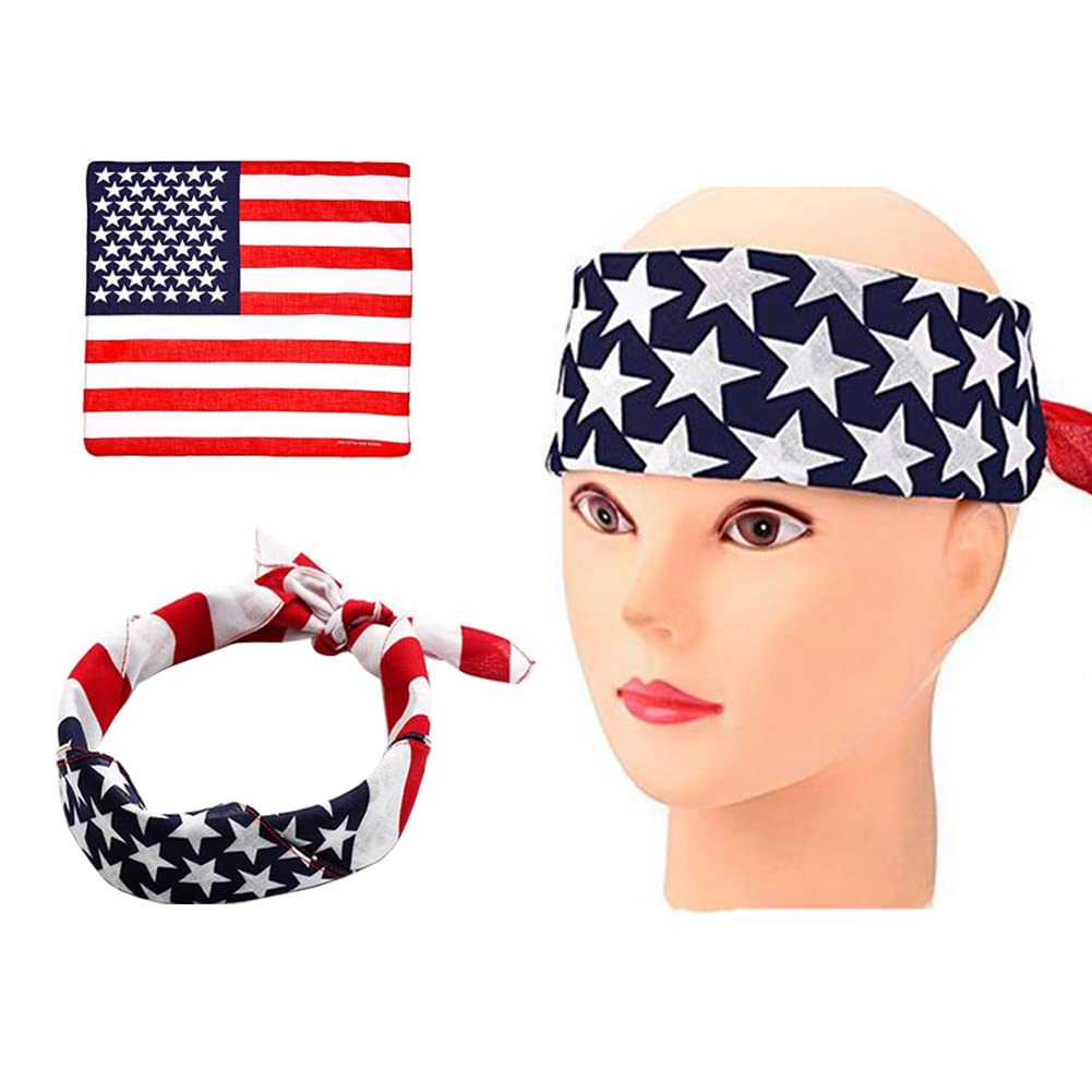 3Pcs America Flag Stars Stripes Turban USA Flag Headband Hair Band Head Wrap Kerchief Neckchief Cowboy Bandanas Square Scarf for Men and Women