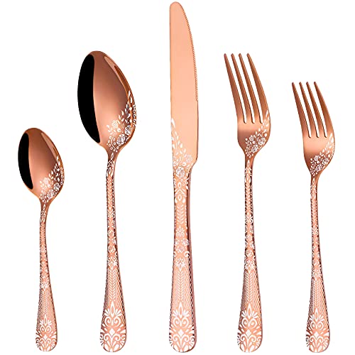 PHILIPALA 20piece Rose Gold Silverware Set, Stainless Steel Copper