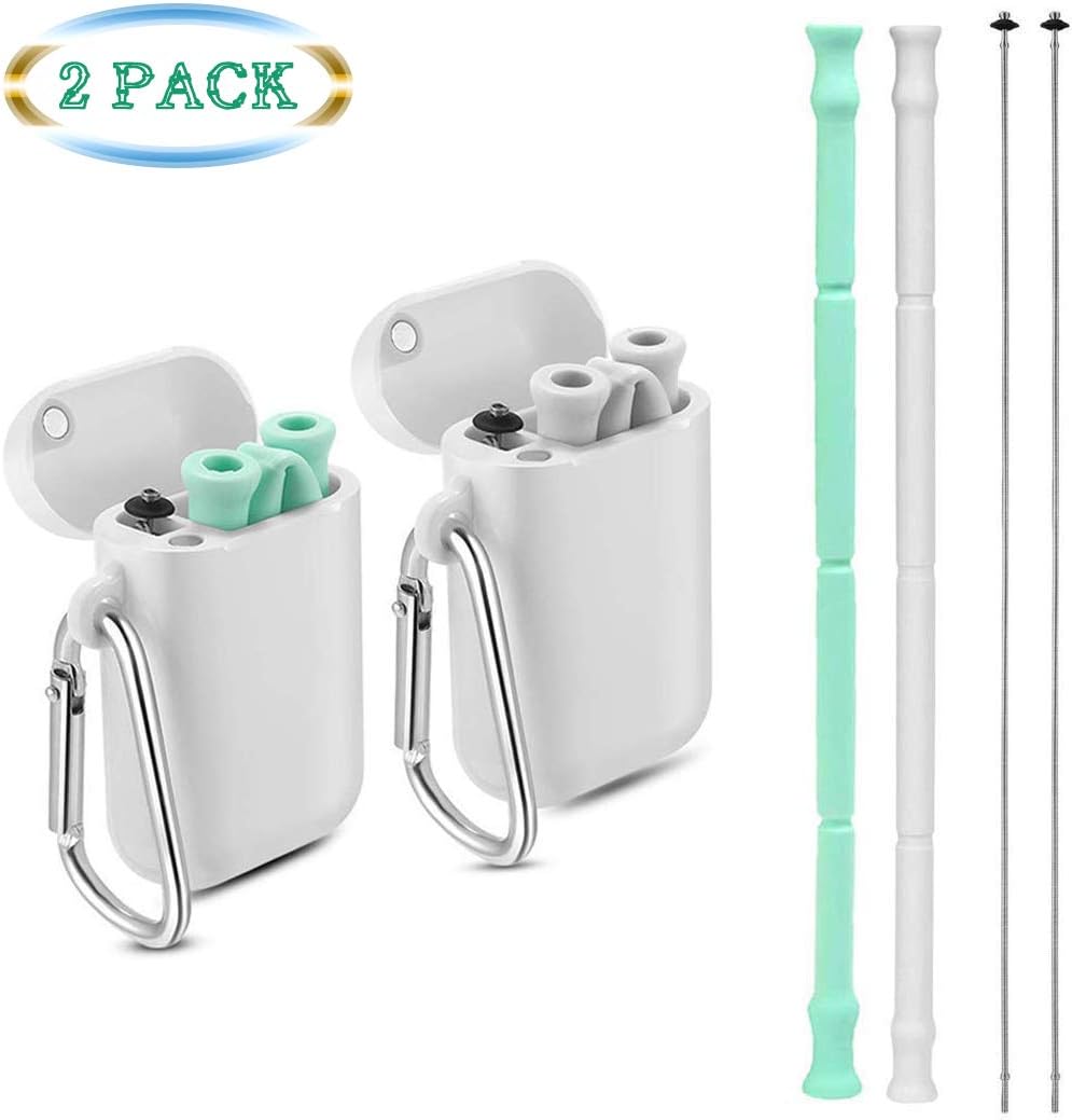 Reusable Straw Collapsible Silicone Straws - 2 Pack Food-Grade Foldable Drinking Straw with Carrying Case and Cleaning Brush, Perfect for Travel, Daily Use or Gift (Grey/Green)