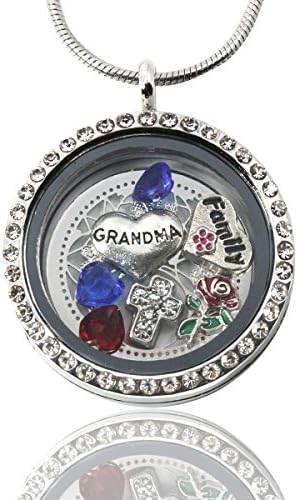 AmandaLynn I love Grandma Locket, Floating Living Memory Locket Pendant Necklace with Birthstone Charms, Stainless Steel Floating Charm Gift Set Lockets