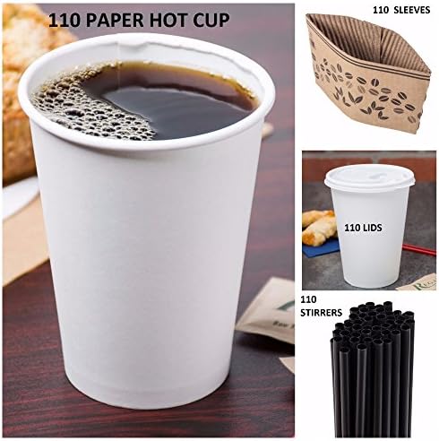 Super Set of 110 Paper Coffee Hot Cups, Travel Lids, Sleeves &amp; Stirrers -12oz / 360ml - WHITE - Office/Party Pack, to go Coffee Cups, Disposable Hot/Cold Coffee, Tea &amp; Chocolate - MADE IN USA