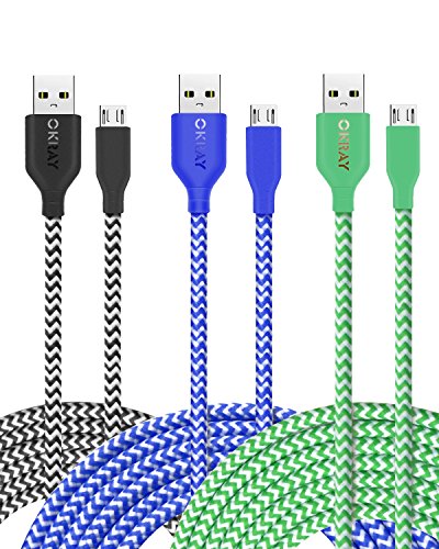 Micro USB Charger, OKRAY 3 Pack 10ft 3M Nylon Braided Tangle-Free Micro USB 2.0 Charge Cable Sync Charging Cord Compatible for Android, Samsung S7, HTC, Google Nexus, Sony, and More (Black Blue Green)