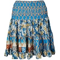 Mogul Interior Carissa Womens Summer Silk Beach Short Skirts Recycled Sari Swing Flare (Blue)(Medium)