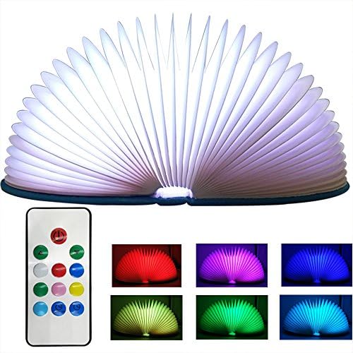 Wooden Folding Book Light with Remote Control &amp; Timing Device by iBlueEagle, USB Rechargeable Book Shaped Light Led Desk Table Lamp for Decor, Magnetic Design- Creative gift
