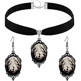 bike8 Gothic Necklace Earrings Set for Women Halloween Raven Cameo Dangle Earrings Vintage Punk Crystal Choker Necklaces Halloween Costume Accessories