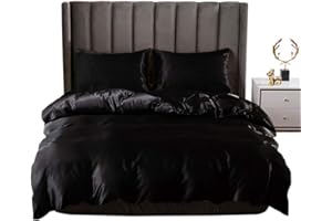 EROSEBRIDAL Black Silk Comforter Cover Set Queen Size Silk Like Satin Duvet Cover Set Solid Color Decor Soft Microfiber Women Bedding Sets with Zipper Ties Soft Luxury Duvet Cover Set for Adult Women Men Girls