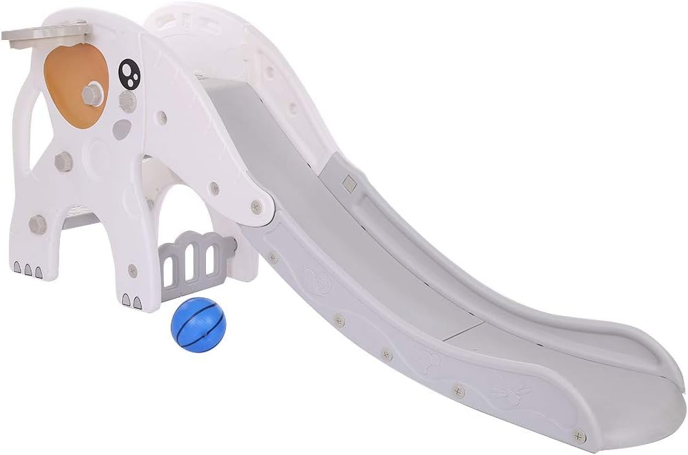 Kids Freestanding Slide | Indoor Outdoor Slide Climber with Basketball Hoop, Sturdy Toddler Playground Slipping Climber Toy Playset for Outside Games (from US, White)