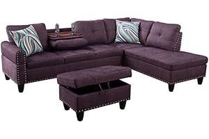 UOCFYK L-Shaped 3-Piece Linen Sofa with Ottoman, Sectional Couch Set for Living Room, Office, Apartment, with Cup Holder, Purple