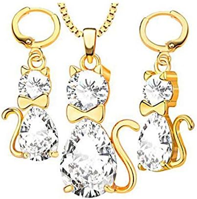 XIEXIE Fashion Cat Pendants Necklaces Earrings Crystal jewelry Set For Women , golden