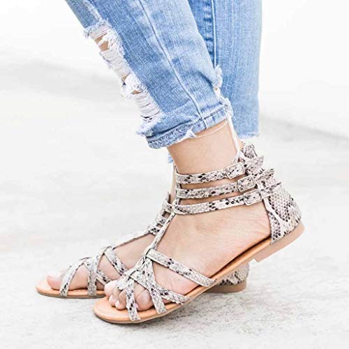 Women Summer Fashion Leopard Casual Shoes Gladiator Roman Sandals Balla Buckle Strap Flat Peep Toe Sandal Gray - Thumbnail 5