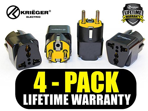 Krieger Grounded Universal Plug Adapter for Europe, Germany, France (Schuko) Type E/F - 4 Pack
