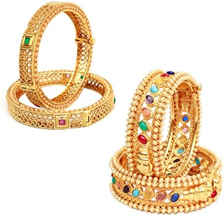 Indian Traditionall Ruby Green &amp; Navratna Kada Bangle Set Ethnic Partywear Wedding Jewelry Combo Pack of 2 Set (2.8)