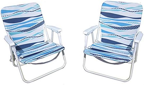 MAOS Blue Wave Strap Folding Sand Beach Chairs Set of 2 in Durable Aluminium Frame &amp; Polyester Fabric w/ rear Storage Pouch 22L x 22.5W x 26H in.