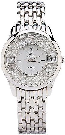 REALY Women Bling Jewelry Plated Silver Classic Round Crystal-Accented Ladies Charm Bracelet Wrist Watch