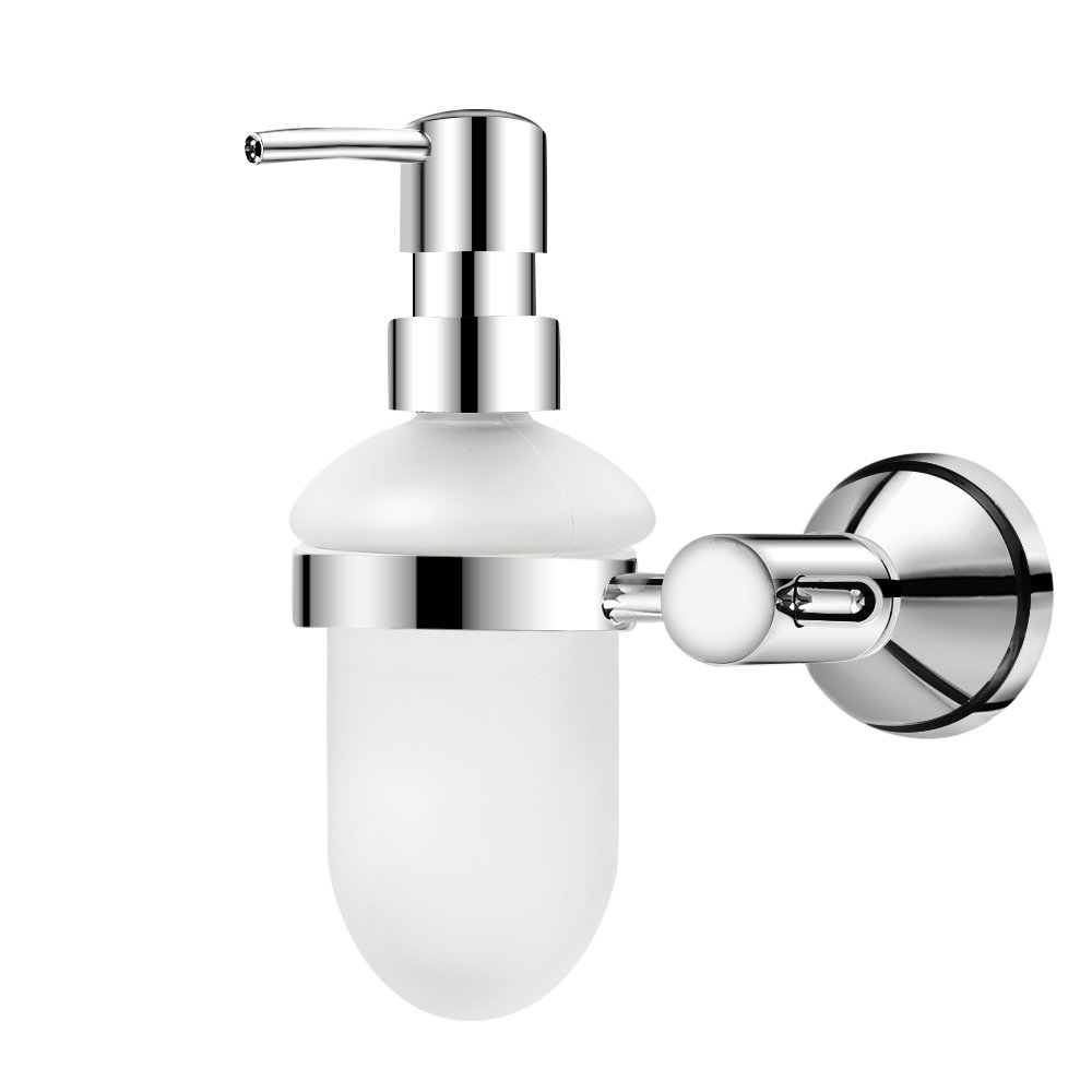 Dreamsbaku Wall Mounted Kicht Bathroom Soap Dispenser glass Bottle with Pump Head Cooper chrom
