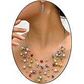 GIGB PBDK Layered Colorful Pearls Necklace Earring Set Boho Multi-Strand Beaded Necklace Earring Dainty Ethnic Style Jewelry Accessory Gift for Women