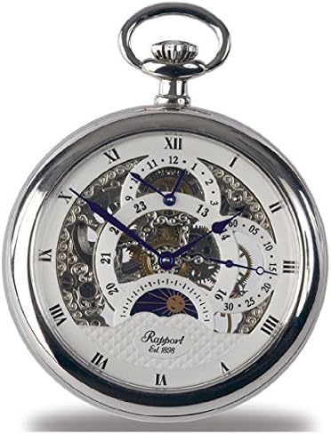 Rapport Oxford Silver-Tone Mechanical Skeleton Moon Phase Pocket Watch PW43