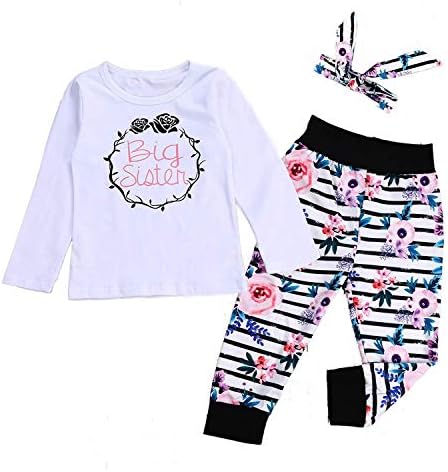 Baby Girls Sister Pants Set Little Or Big Sister Print Romper Top+Floral Pants+Headband 3pcs Outfits Set