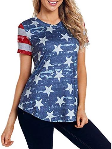 Fiaya 4th of July Women T-Shirt Star Stripes American Flag Loose O Neck Short Sleeve Plus Size Blouse Tees Tank Tops (XXL, Blue Star A02)