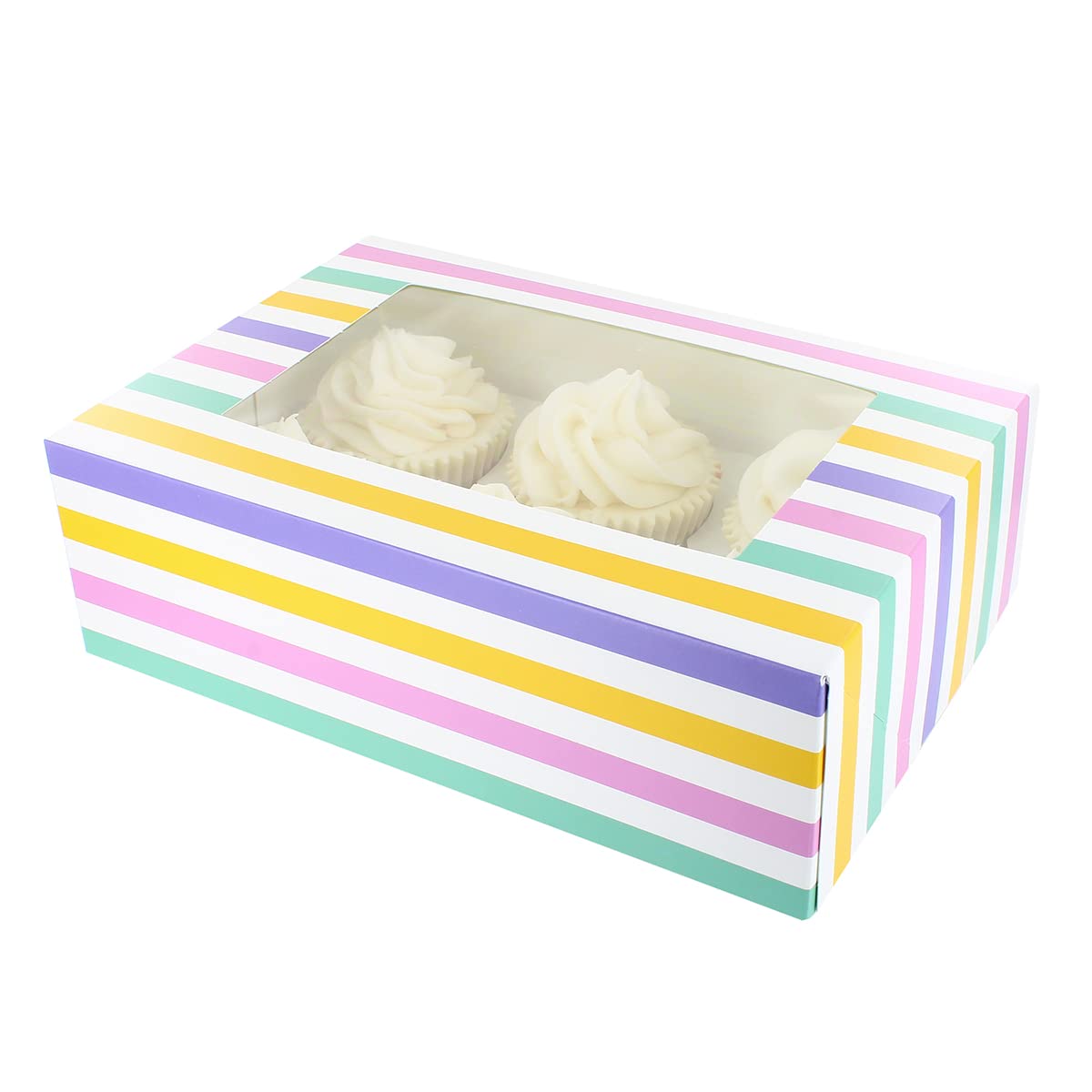 Culpitt 6/12 Cupcake Box, 20 Pack, Cupcake Boxes To Carry Tasty Treats, Includes Dual Insert For 6 Standard Cupcakes or 12 Mini Cupcakes - Bold Stripes