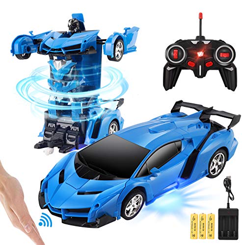 DOOGAXOO Remote Control Car, 1:18 Scale Transform Gesture RC Cars Toy, One Button Deformatio, 360°Drifting with 5 AA Batteries, Transforming Robot Car Toy Gift for Kids Boys and Girls Adults (Blue)