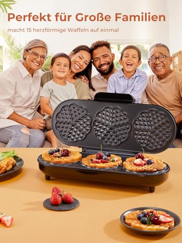 FOHERE King Size Waffle Iron, 15 Heart Waffles in 2 Minutes, Heart Waffle Iron with 3 Non-Stick Baking Surfaces for Classic Heart Wafers, Baking Tray, Stainless Steel, Ideal for Family & Party (Silver)