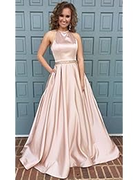 Vestido de graduación de noche de satén con cuentas de halter con bolsillos.