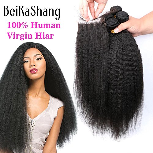BeiKaShang 8~30 inches 8A Brazilian Kinky Straight Hair Wave, Pack of 4(Mixed Length) bundles with Free Part lace closure , 100% Unprocessed Virgin Human Hair(8"8"10"10"Wefts with 8" Closure)