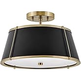 Hinkley Clarke Medium Semi-Flush Mount Ceiling Light, Black Metal Tapered Drum Shade, Classic, Diffuser, Warm Brass Finish
