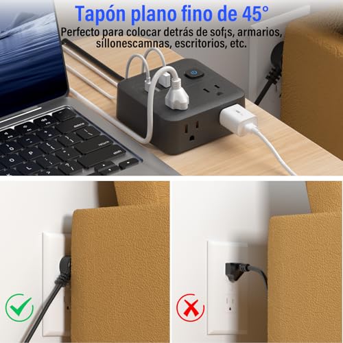 KIROGILY Multicontacto Extension Electrica con Protector Supresor de Picos Voltaje, 8 En 1 Regleta Multicontactos USB Hogar Oficina, Sleek Socket con Enchufe Plano, 4 Salidas Y 4 USB (2 USB-C), 1.8 M
