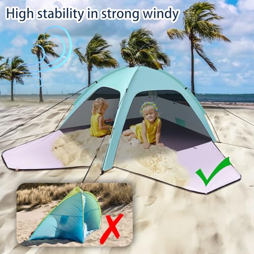 Beach Tent, UV Protection 80+ Beach Tent with 2 Zipped Doors and 2 Mesh Windows Anti UV Tent for Family, Carry Bag, Beach Shelter