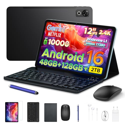 POPUX P12 Android 16 Tablet 12 Inches, T7280 Octa-Core, 48GB RAM+128GB ROM/2TB TF, IPS 2.4K Display 120 Hz, 10000 mAh, WiFi5, 8MP+13MP, Gemini AI, Tablet with Keyboard, Face ID/GPS/OTG/FM, Black