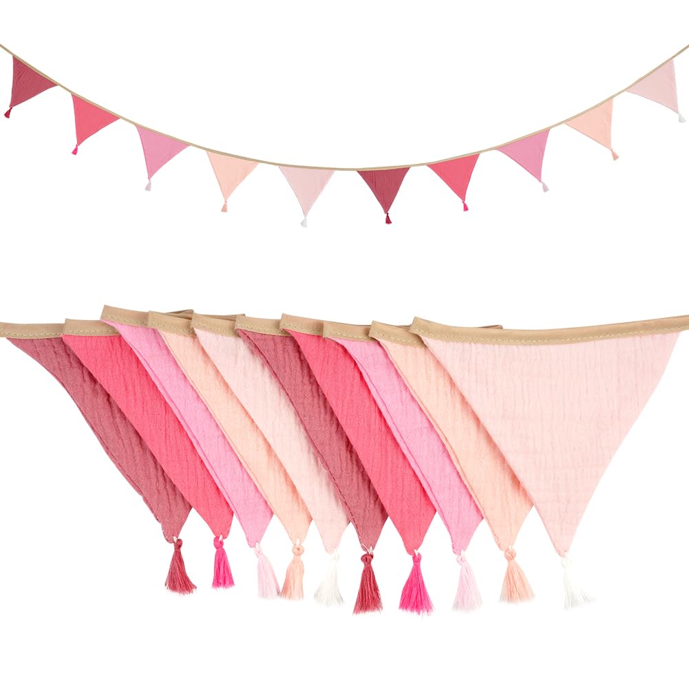 Alaoo Fabric Bunting Banner, 2.6M Triangle Garland Flags with Tassels, Double Sided Colorful Cotton Bunting for Birthday, Wedding, Baby Shower, Indoor Activity Party Festivals Decoration (Pink)