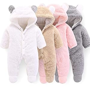 Pasgeboren baby Cartoon Beer Sneeuwpak Winterjas Fleece Hooded Romper Jumpsuit (Grijs, 9-12 maanden)