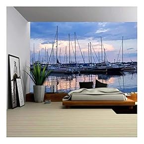 Docked Sailboats in Marina at Sunset - Removable Wall Mural | Self-Adhesive Large Wallpaper - 66x96 inches